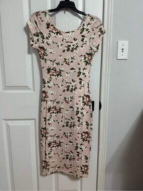 UK2LA Blush Pink Floral Scoop Midi BodyCon Dress